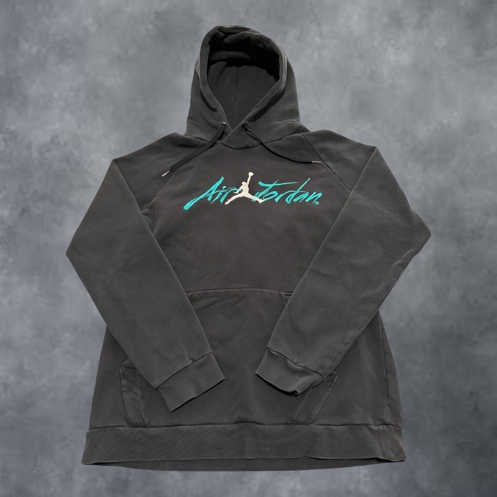 Jordan Kids Jumpman Hoodie Black Teal Script Logo Fleece Sweatshirt Size M